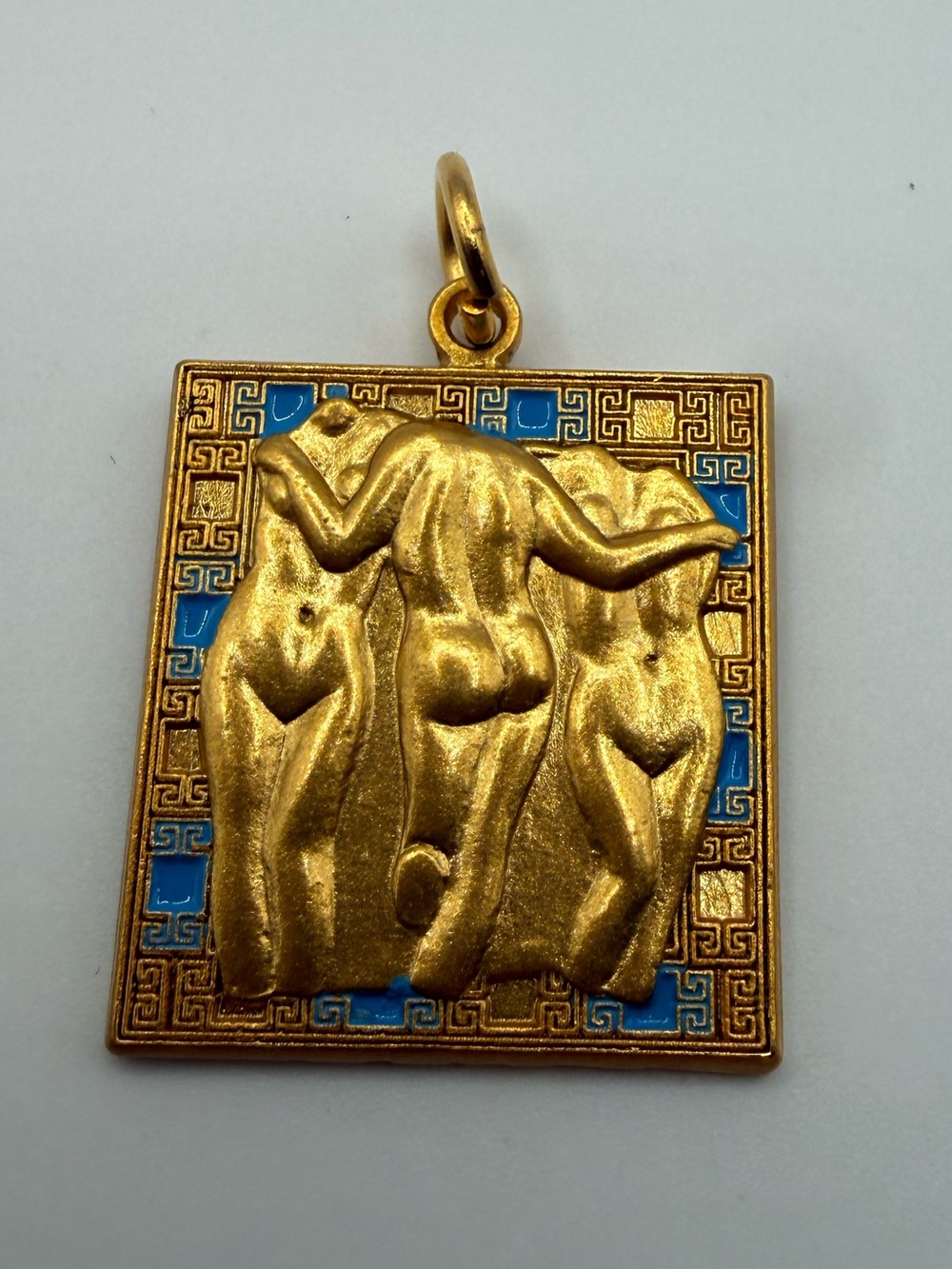 Vintage Three Graces Nude Ladies Gold Tone Blue Enamel Pendant Greek Revival